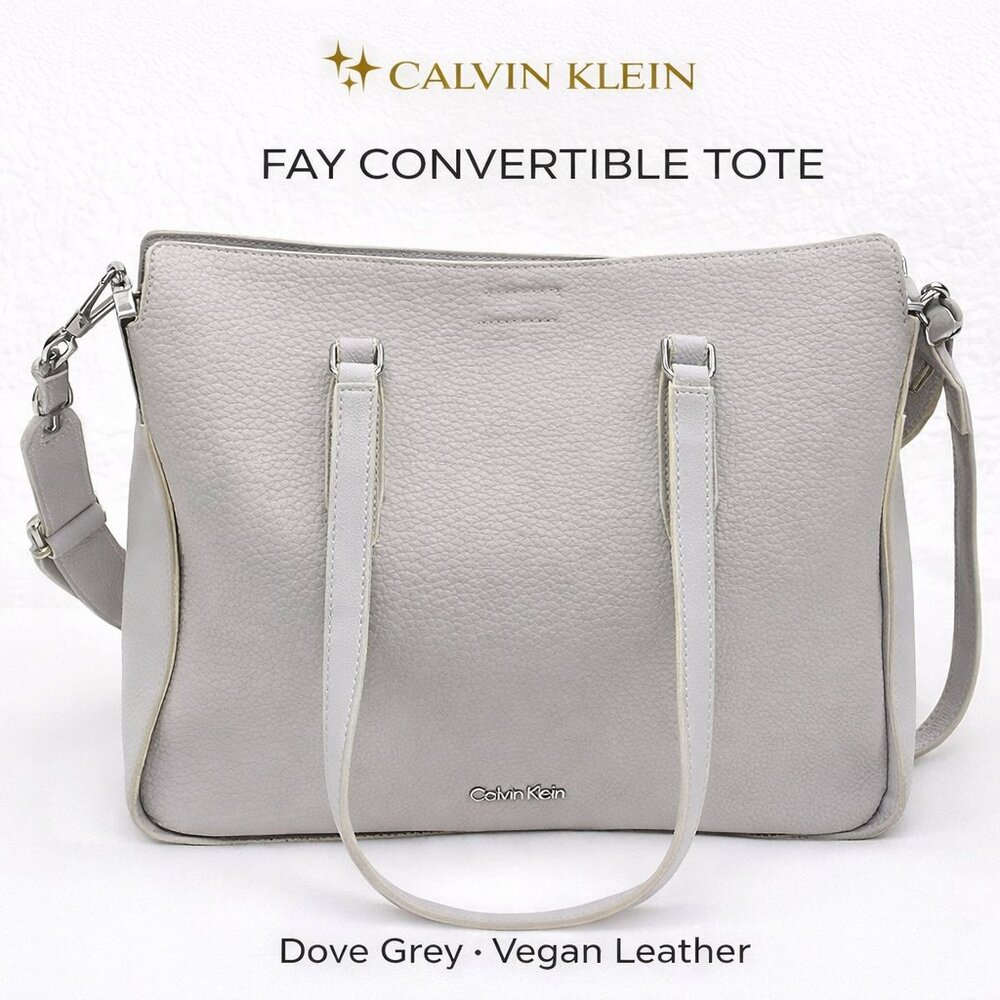 Calvin Klein Fay Convertible East/West Tote Bag in Dove Grey Vegan Leather - Picture 1 of 9